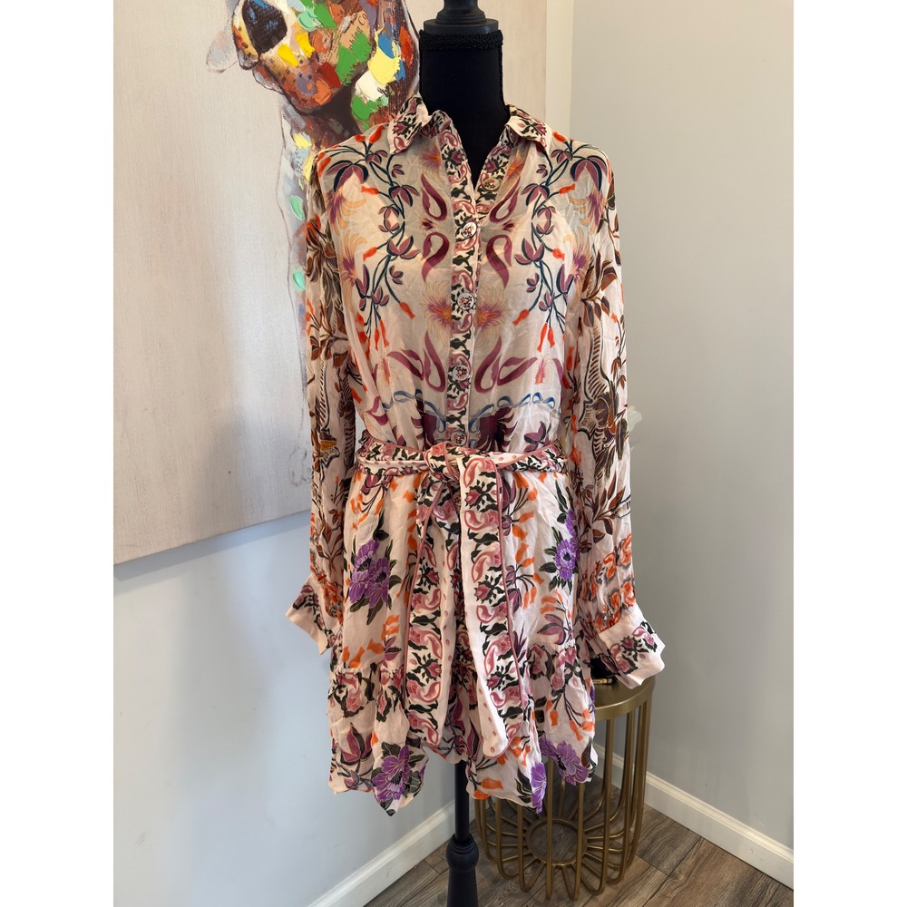 FARM Rio Winter Garden Cream Long Sleeve Belted Mini Shirt Dress NWT S